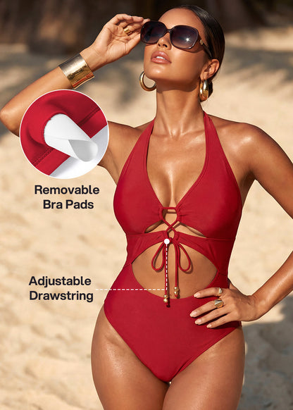 Cut-Out Halter Tummy Control One-Piece Swimsuit