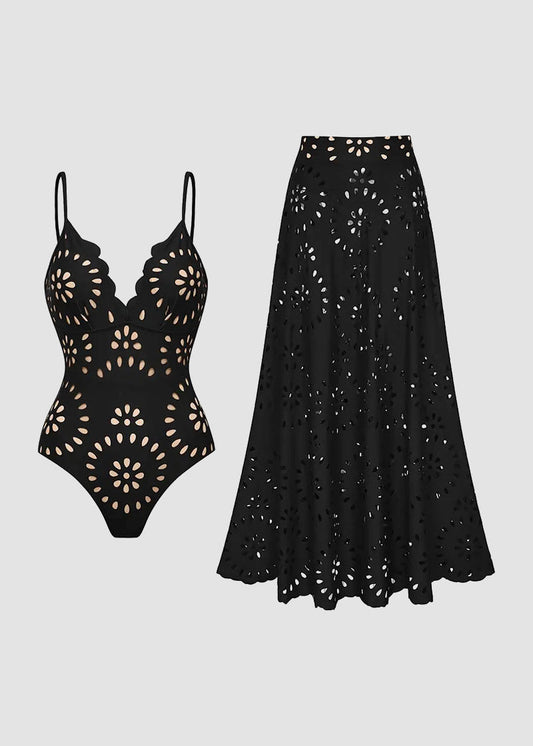Floral Laser-Cut Hollow One-Piece Swimsuit with Skirt