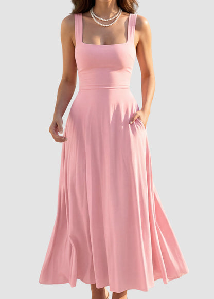 Women's Square Neck Sleeveless Flowy Maxi Dress with Pockets