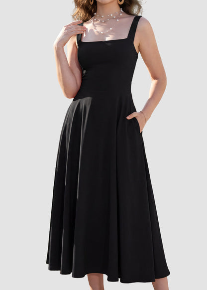 Women's Square Neck Sleeveless Flowy Maxi Dress with Pockets